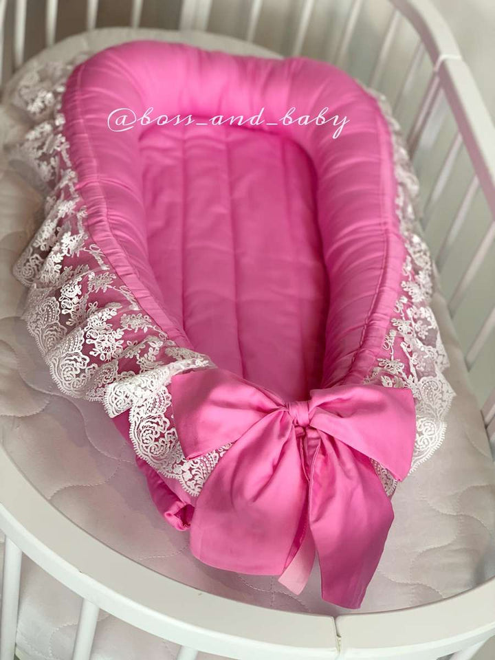 Pink Baby Nest with White Lace – Girls Co-Sleeper