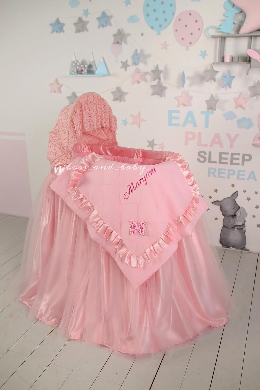 Pink Bassinet Cover with Lace & Butterflies Elegant Baby Girl Bedding
