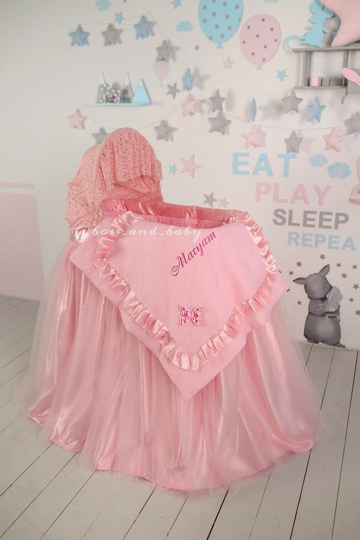 Pink Bassinet Cover with Lace & Butterflies Elegant Baby Girl Bedding
