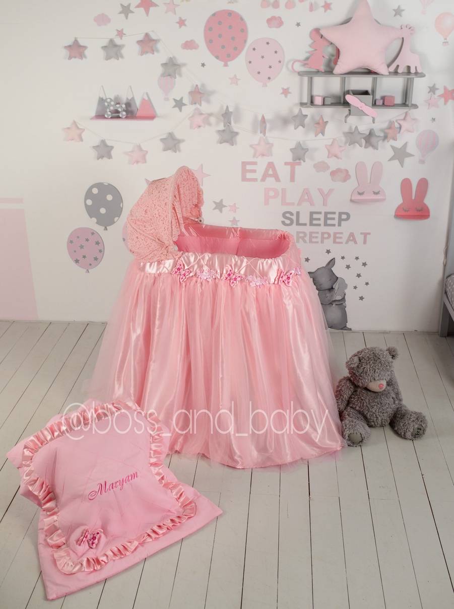 Pink Bassinet Cover with Lace & Butterflies Elegant Baby Girl Bedding