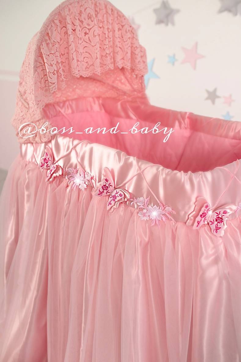 Pink Bassinet Cover with Lace & Butterflies Elegant Baby Girl Bedding