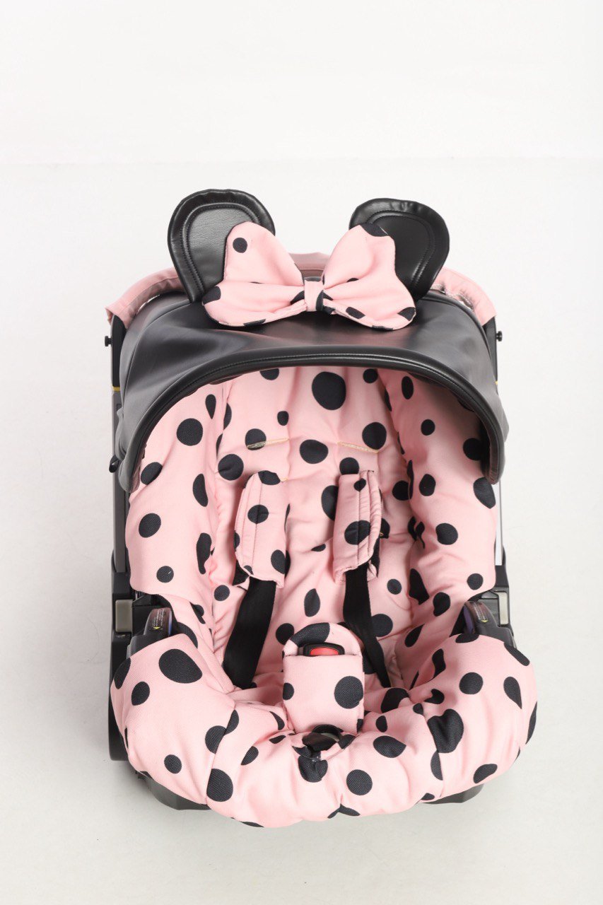 Pink Polka Dot Baby Car Seat Cover Set – Ears & Bow 2