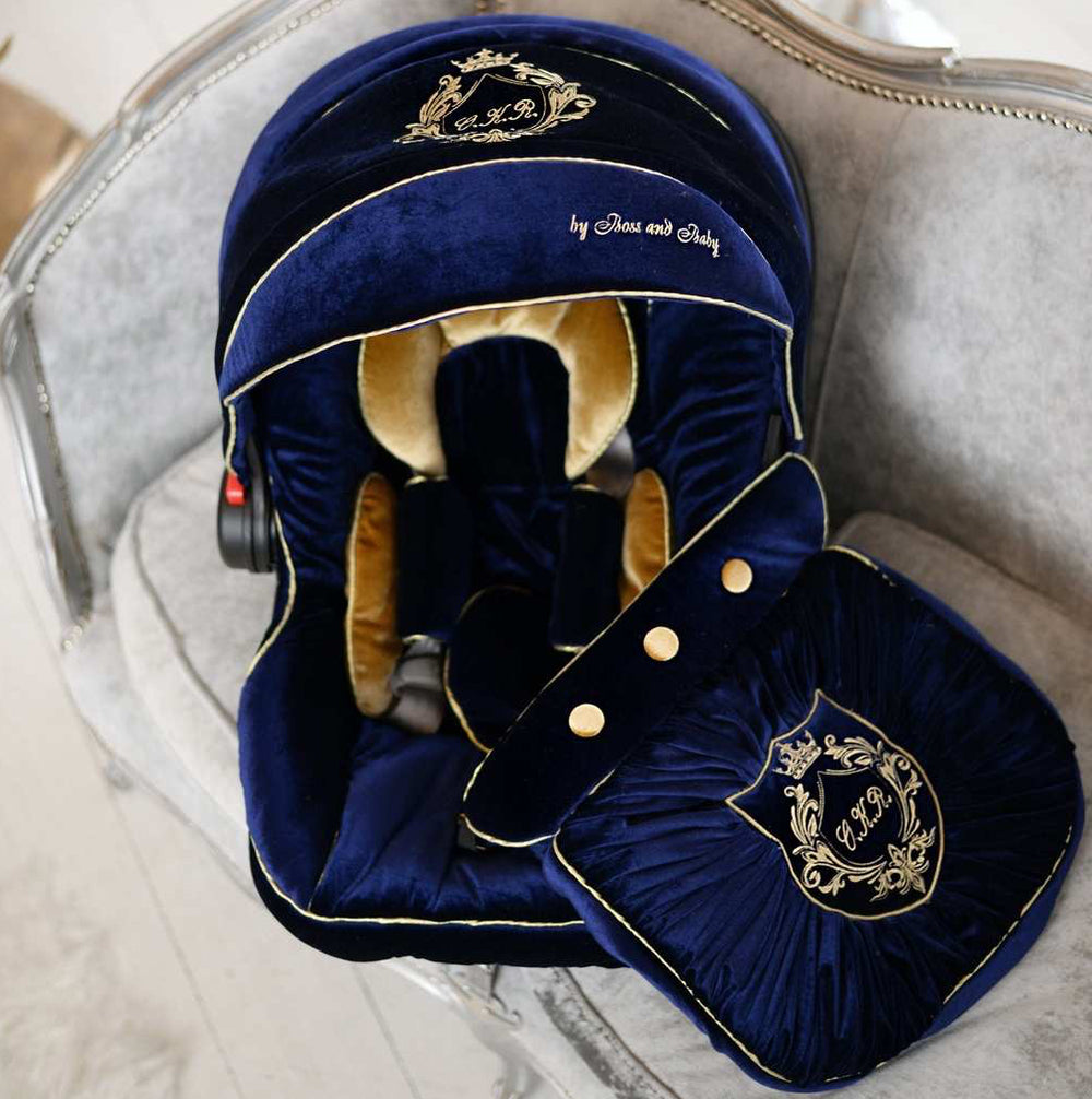 Royal Blue Velvet Baby Car Seat Cover Set with Embroidery