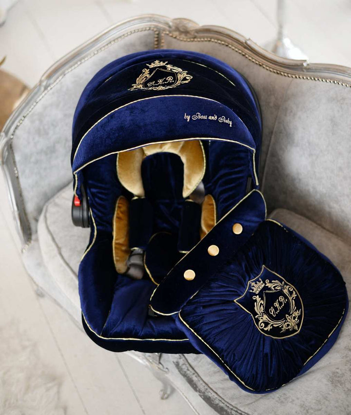 Royal Blue Velvet Baby Car Seat Cover Set with Embroidery