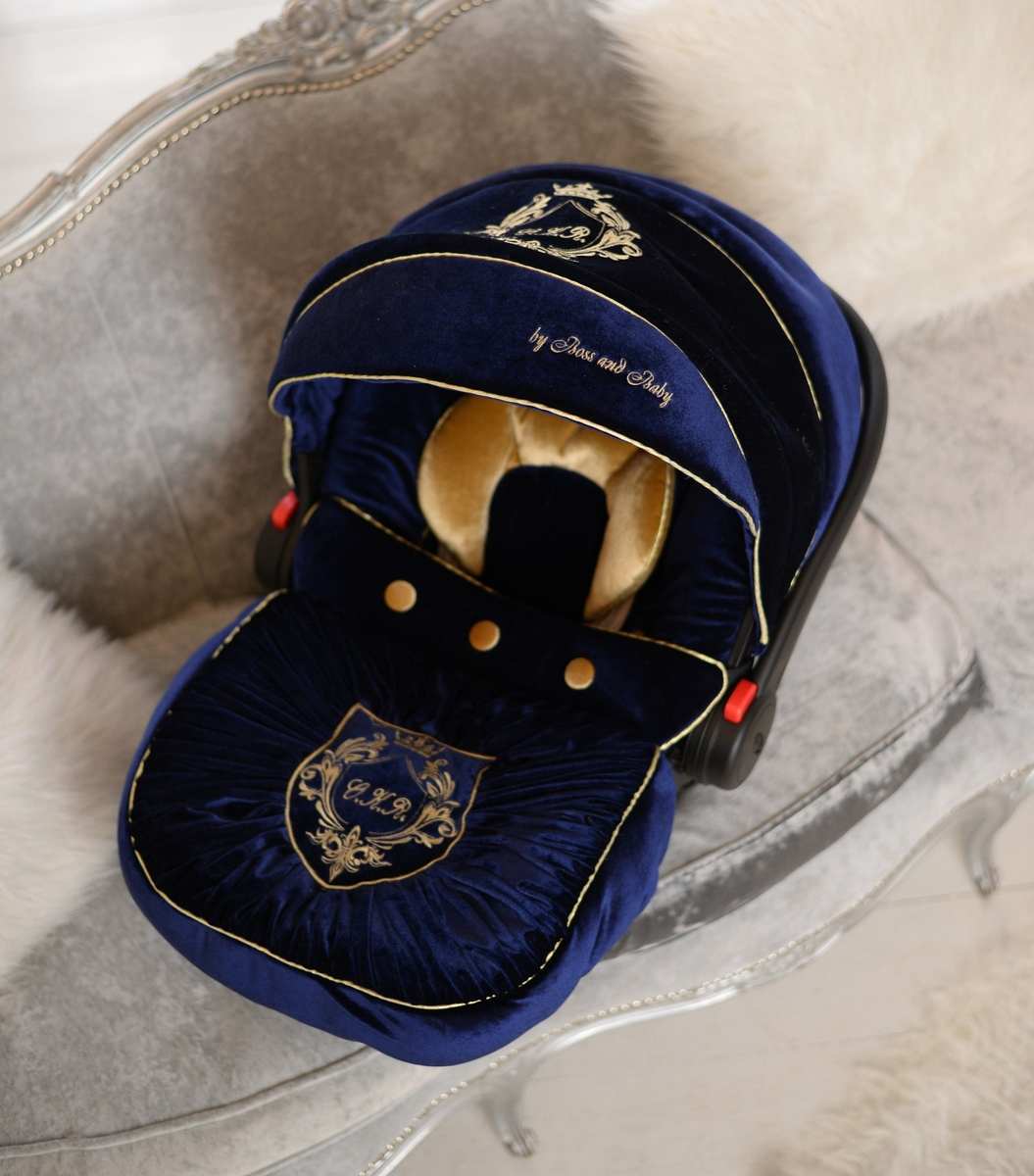 Royal Blue Velvet Baby Car Seat Cover Set with Embroidery