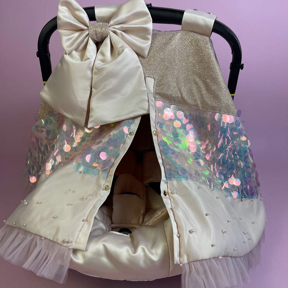 Sequin Baby Car Seat & Stroller Cover with Bow Canopy