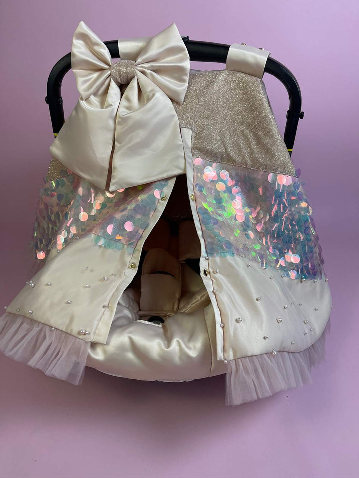 Sequin Baby Car Seat & Stroller Cover with Bow Canopy