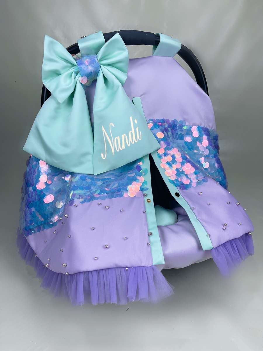 Sequin Rainbow Baby Car Seat & Stroller Cover – Mermaid Bow Design