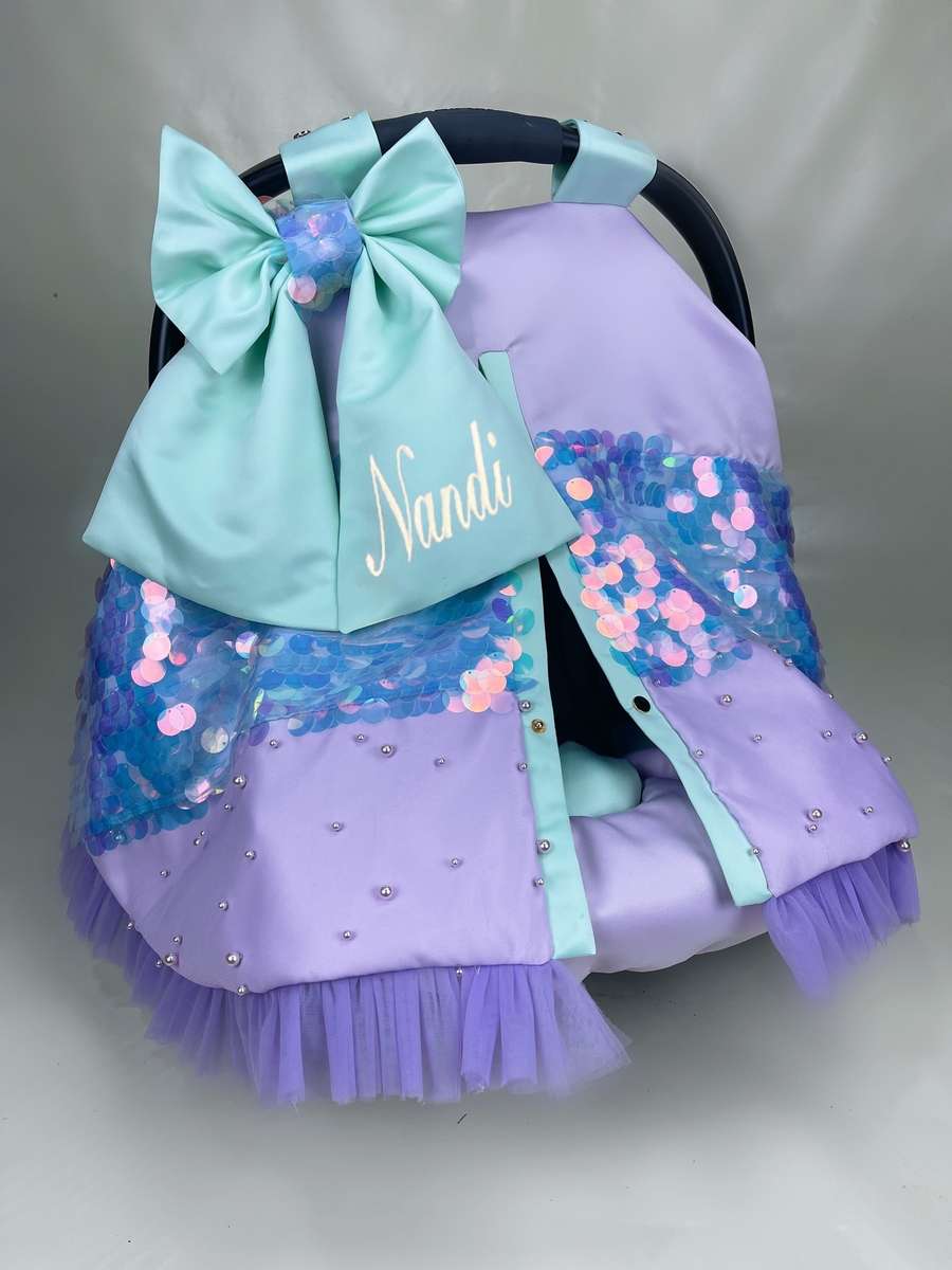 Sequin Rainbow Baby Car Seat & Stroller Cover – Mermaid Bow Design