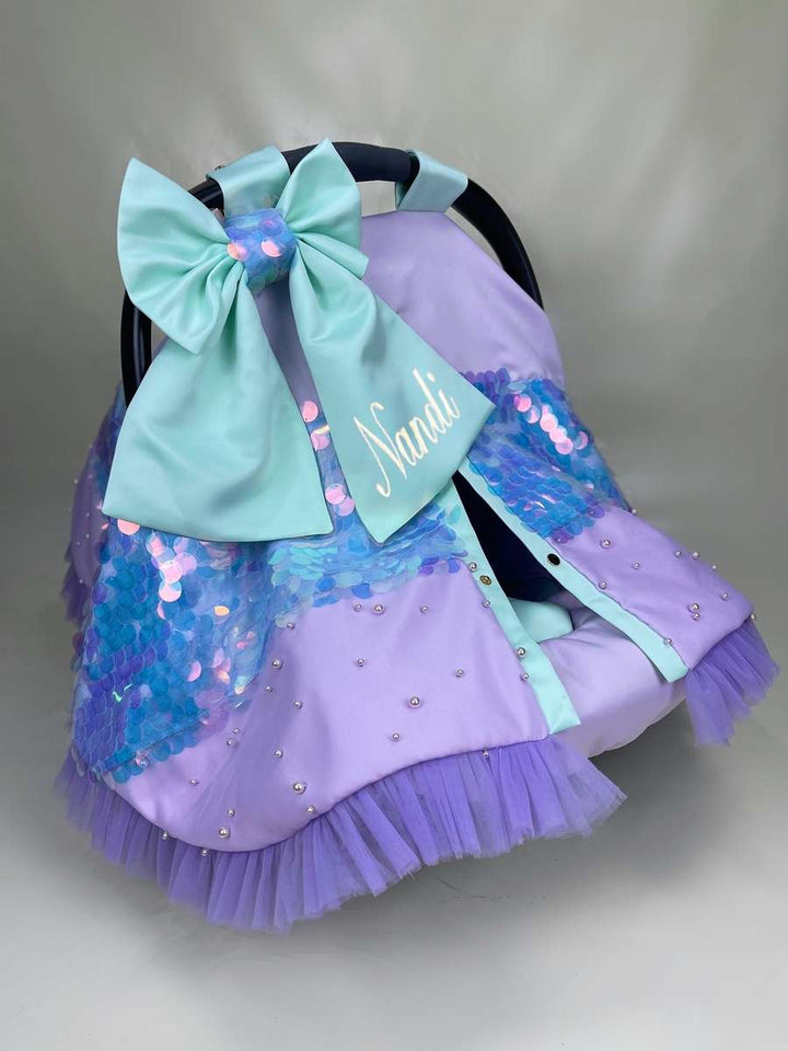 Sequin Rainbow Baby Car Seat & Stroller Cover – Mermaid Bow Design