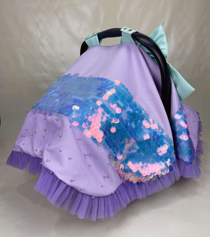 Sequin Rainbow Baby Car Seat & Stroller Cover – Mermaid Bow Design
