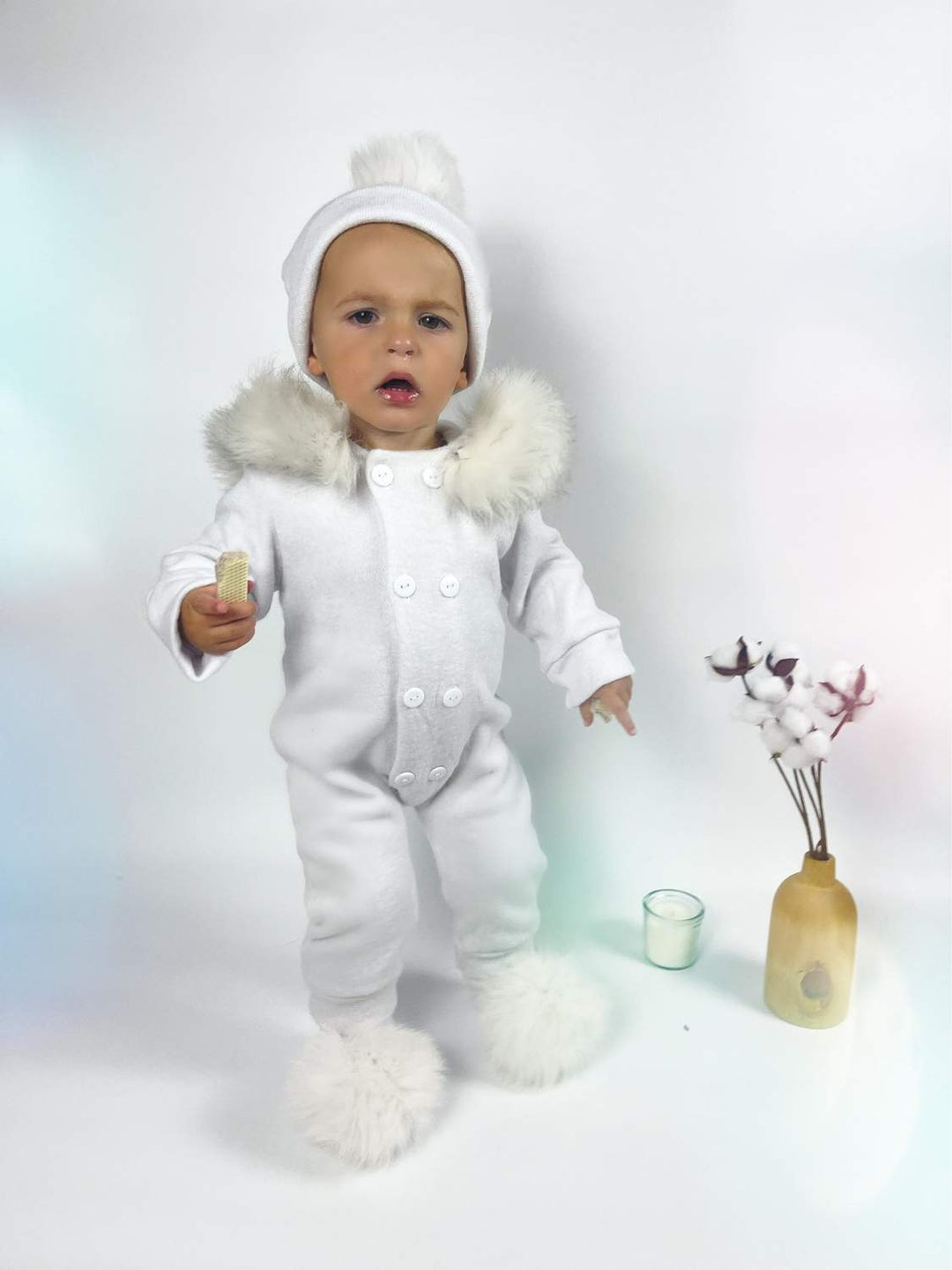 Snowy White Baby Romper with Fur Trim for Winter