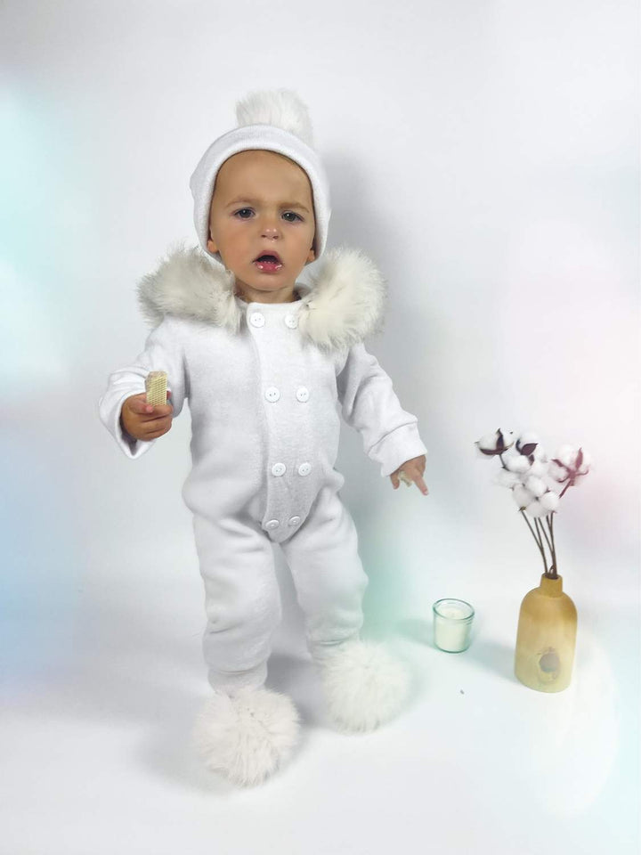 Snowy White Baby Romper with Fur Trim for Winter