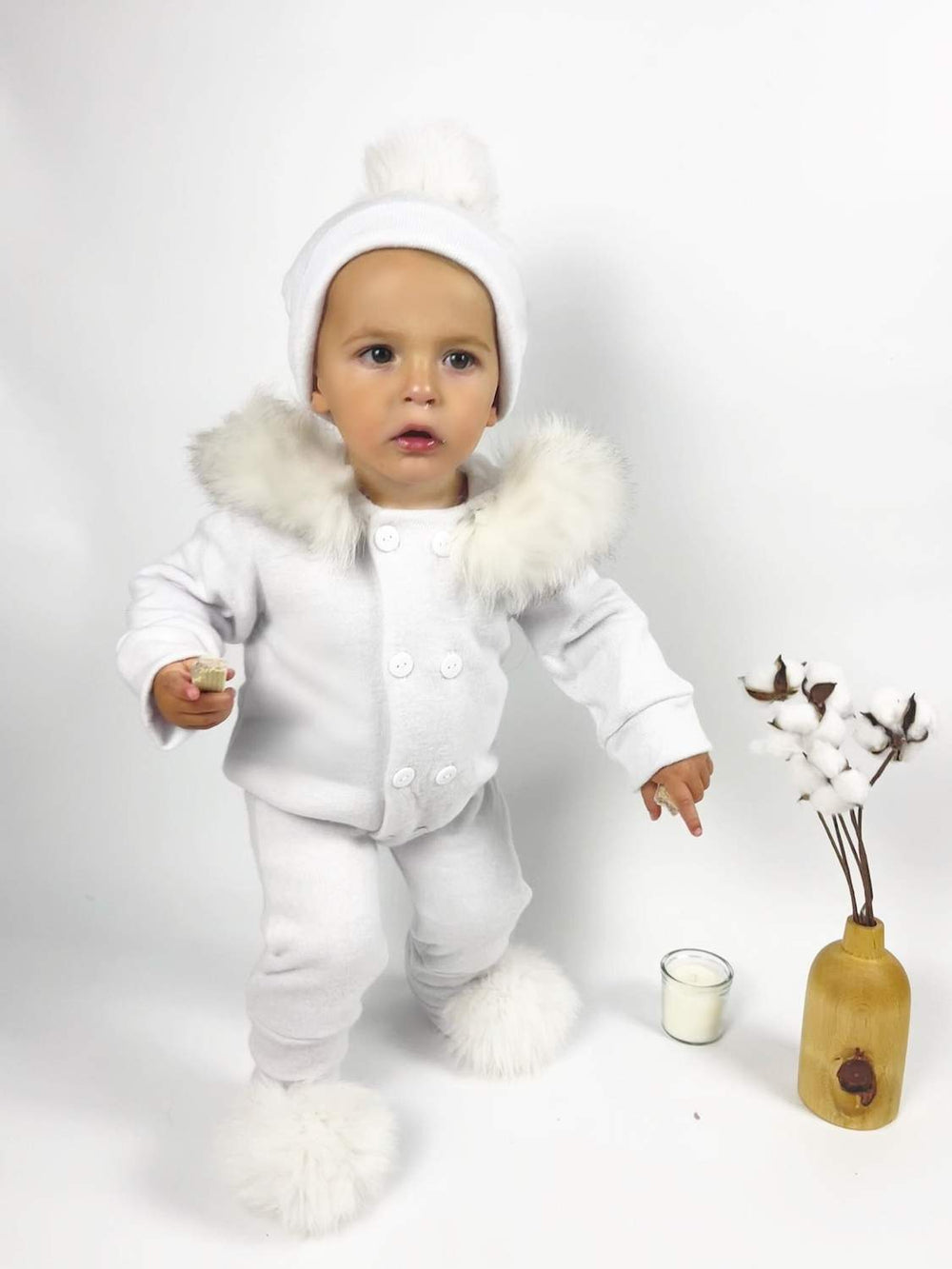 Snowy White Baby Romper with Fur Trim for Winter