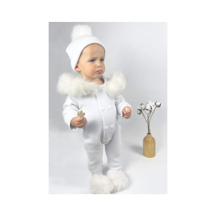 Snowy White Baby Romper with Fur Trim for Winter