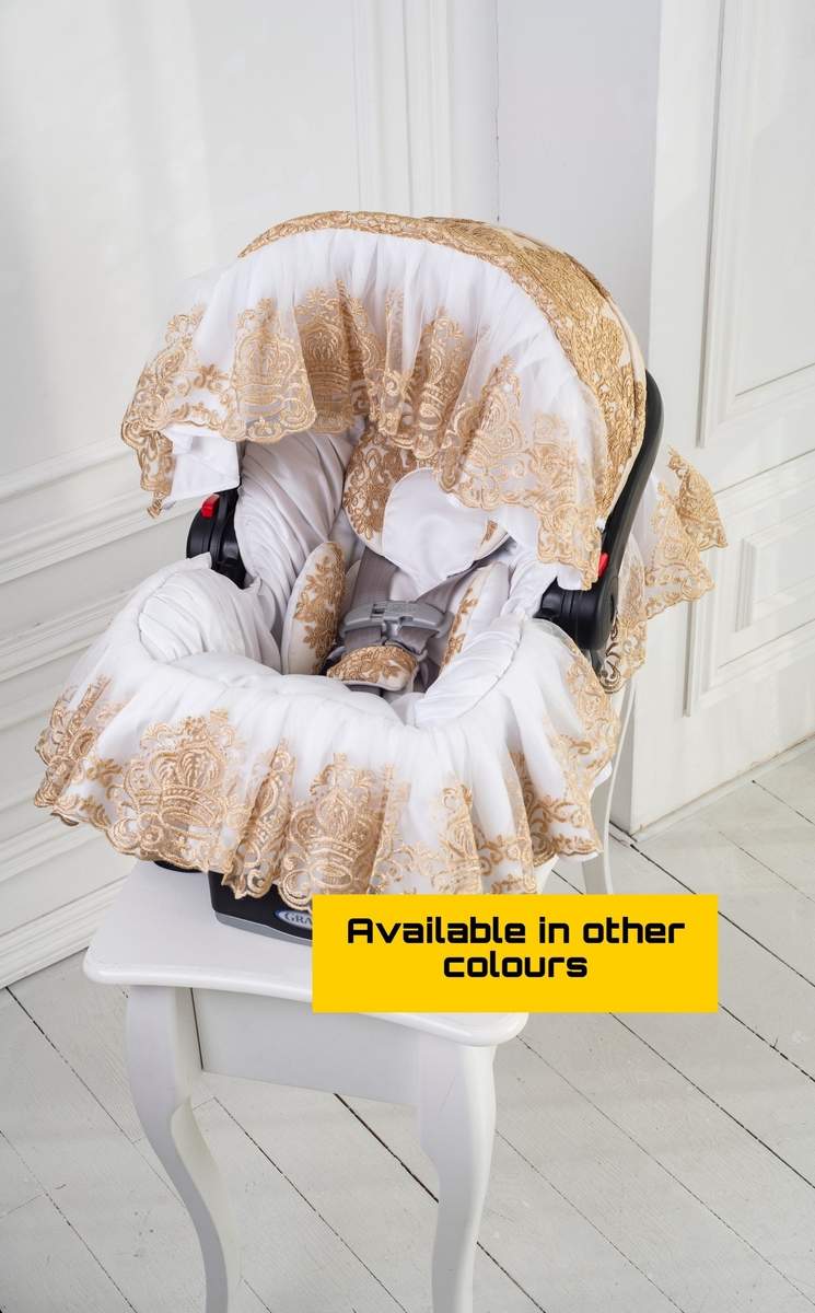White & Gold Lace Baby Car Seat Cover – Personalized