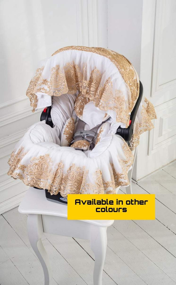 White & Gold Lace Baby Car Seat Cover – Personalized