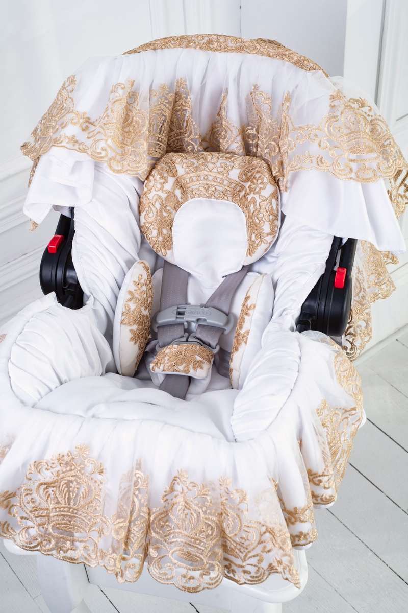 White & Gold Lace Baby Car Seat Cover – Personalized