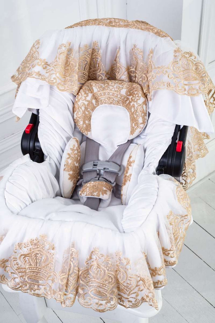 White & Gold Lace Baby Car Seat Cover – Personalized