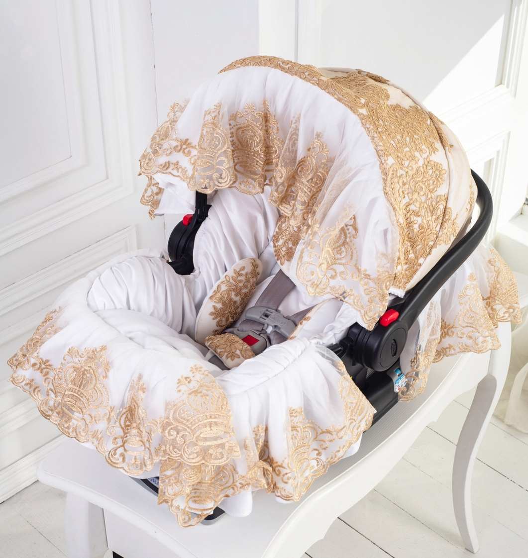 White & Gold Lace Baby Car Seat Cover – Personalized