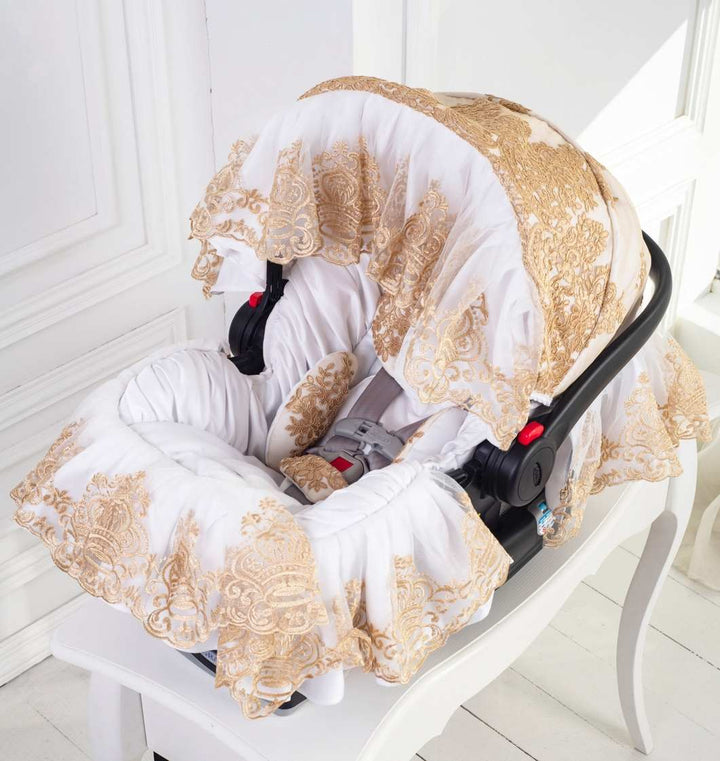 White & Gold Lace Baby Car Seat Cover – Personalized