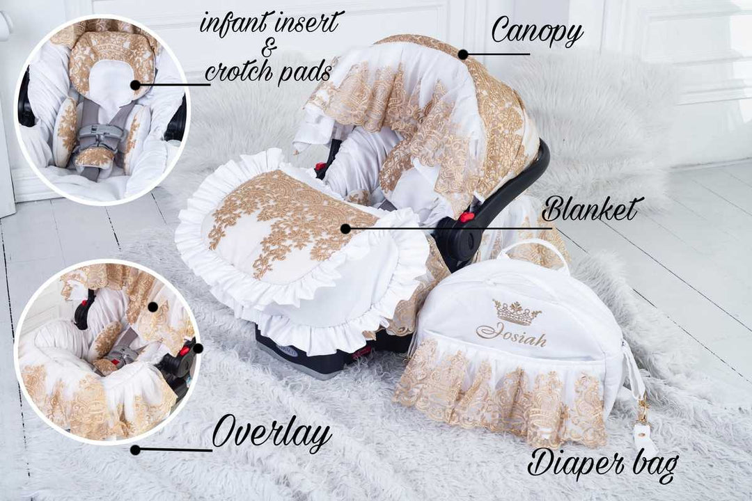 White & Gold Lace Baby Car Seat Cover – Personalized