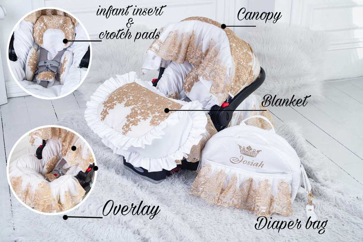 White & Gold Lace Baby Car Seat Cover – Personalized