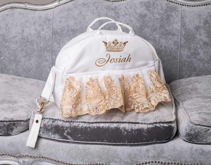 White & Gold Lace Baby Car Seat Cover – Personalized