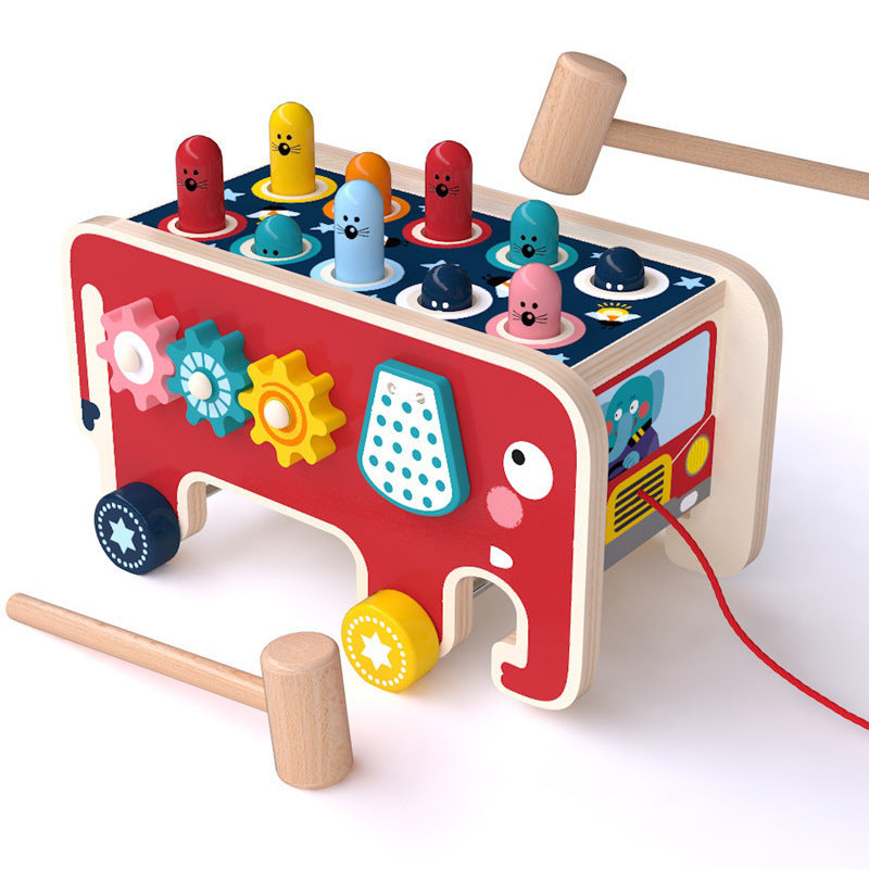 Montessori Wooden Pounding Bench Bus - Interactive Animal Toy for Toddlers, Early Educational Musical Instrument