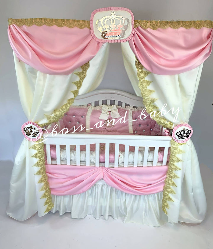 Luxurious Pink Baby Girl Bedding Set with Rhinestones, French Lace, and Canopy Stand – Personalized Nursery Set