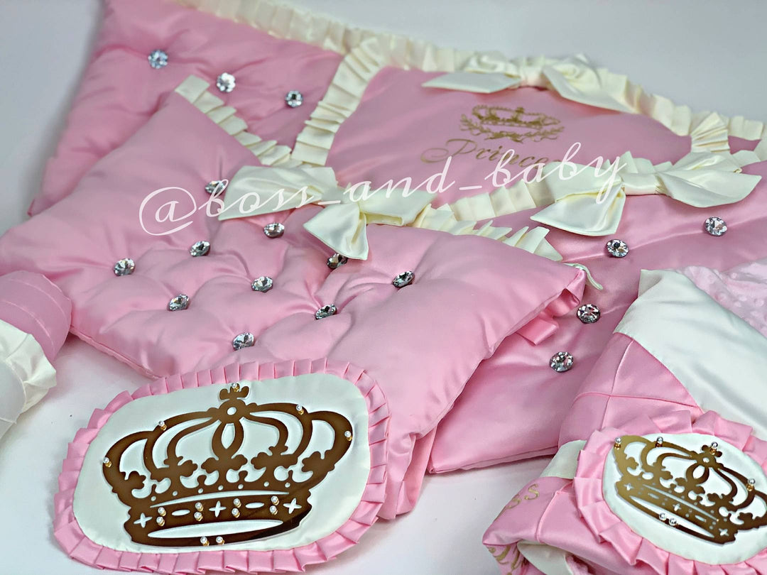 Luxurious Pink Baby Girl Bedding Set with Rhinestones, French Lace, and Canopy Stand – Personalized Nursery Set