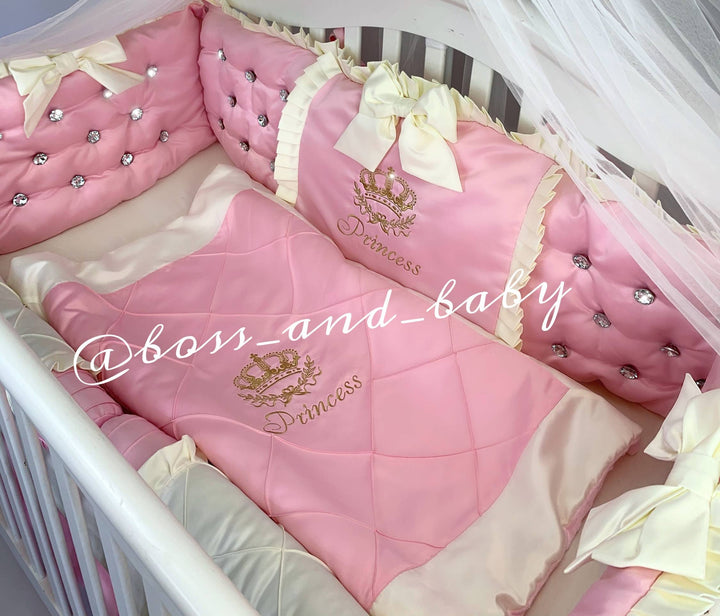 Luxurious Pink Baby Girl Bedding Set with Rhinestones, French Lace, and Canopy Stand – Personalized Nursery Set