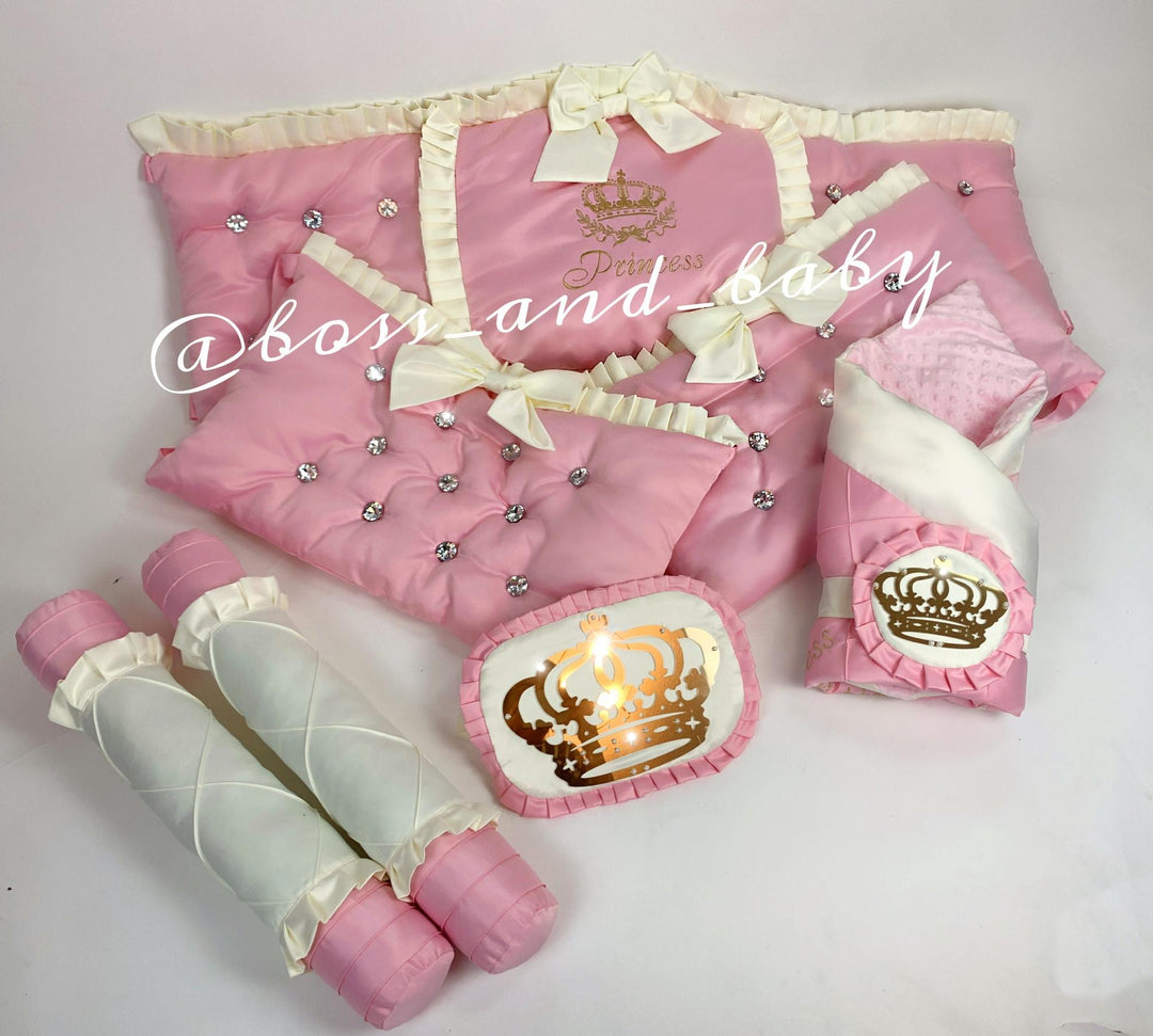 Luxurious Pink Baby Girl Bedding Set with Rhinestones, French Lace, and Canopy Stand – Personalized Nursery Set