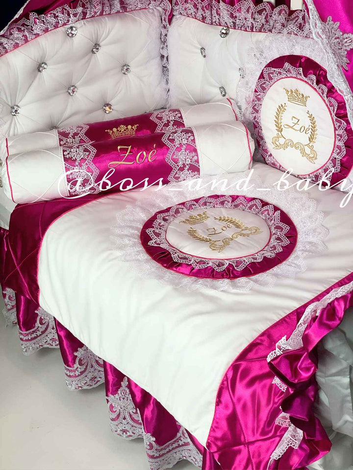 Hot Pink Customizable Baby Girl Crib Bedding Set with Embroidery