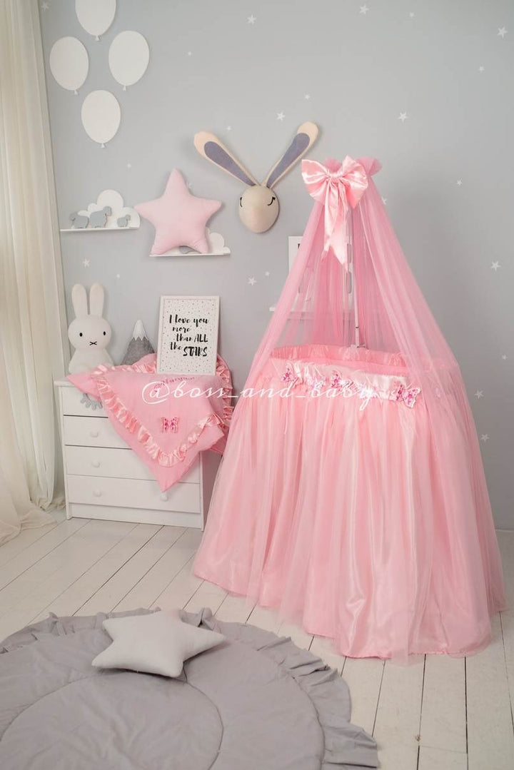 Customizable Pink Infant Baby Girl Crib Bedding Set with Accessories for Round Cribs and Bassinets – Create a Dreamy Nursery