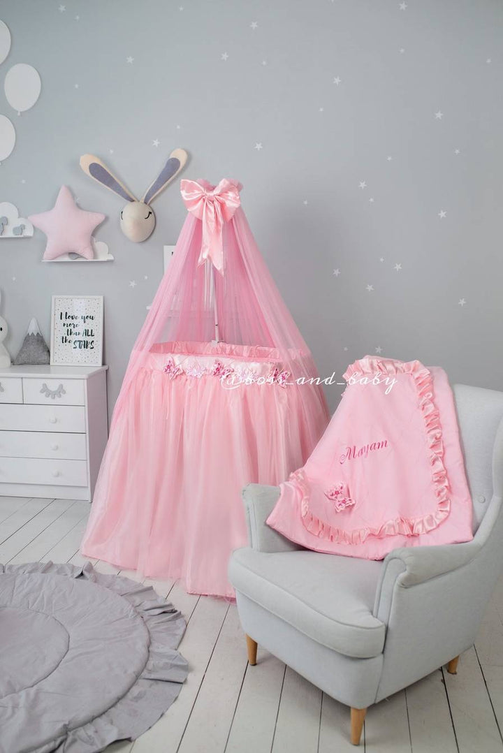 Customizable Pink Infant Baby Girl Crib Bedding Set with Accessories for Round Cribs and Bassinets – Create a Dreamy Nursery