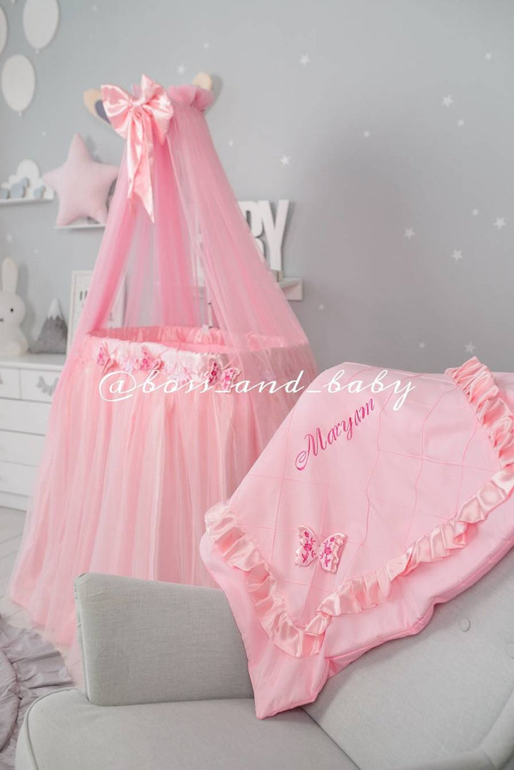Customizable Pink Infant Baby Girl Crib Bedding Set with Accessories for Round Cribs and Bassinets – Create a Dreamy Nursery