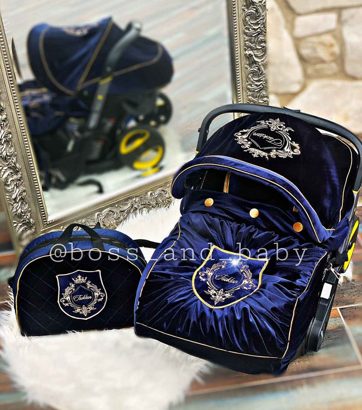 Personalized Royal Blue Doona Car Seat Cover Set for Boys with Diaper Bag