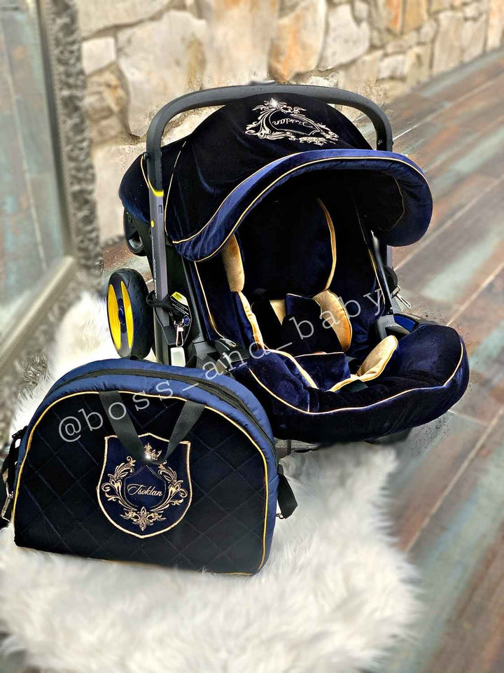 Personalized Royal Blue Doona Car Seat Cover Set for Boys with Diaper Bag