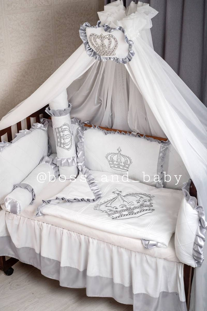 Baby Boy Infant Crib Bedding Set with Crowns in Elegant Silver Color