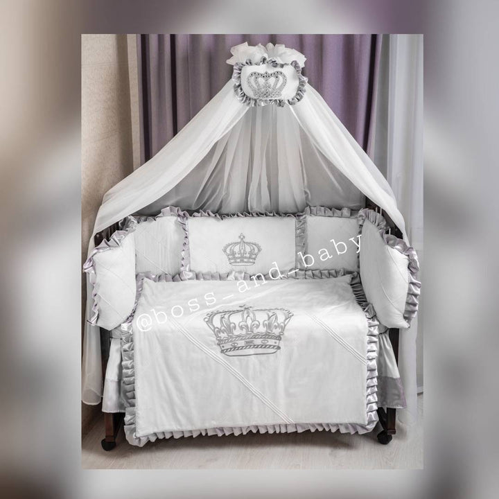 Baby Boy Infant Crib Bedding Set with Crowns in Elegant Silver Color