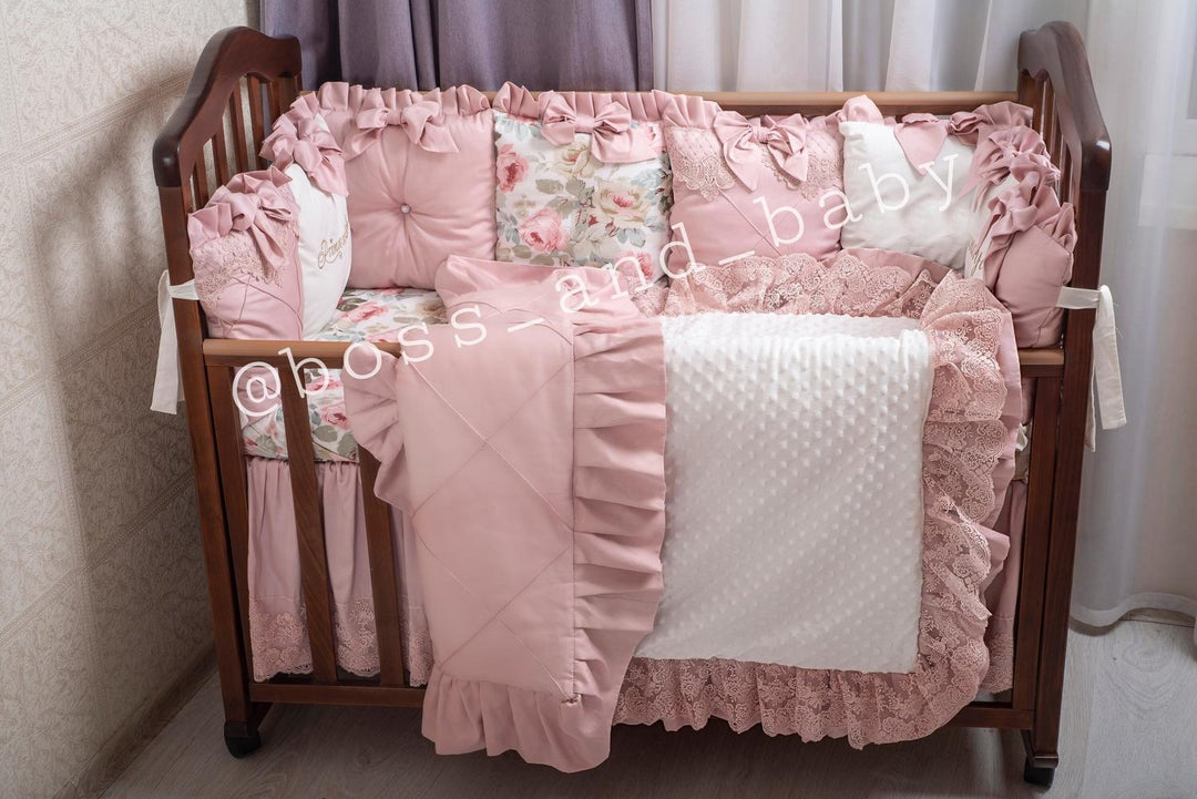 Customizable Luxury Baby Girl Crib Bedding Set – Pink Crib Bedding with Personalized Embroidery and Canopy