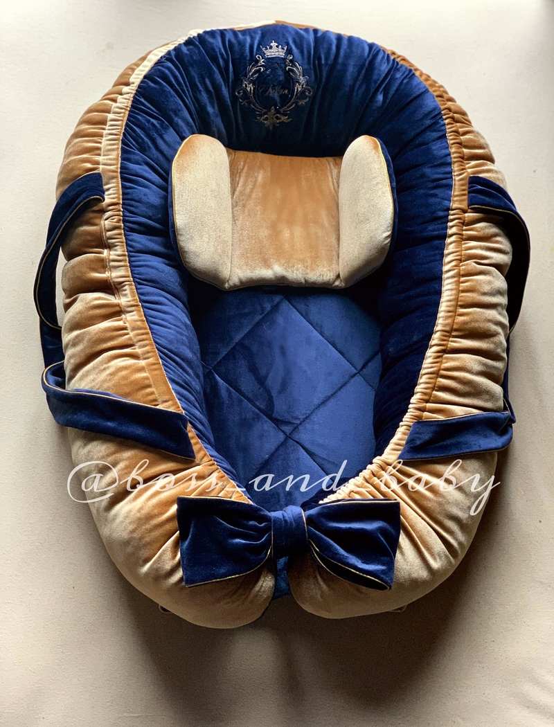Royal Blue Velvet Baby Nest for Newborn Boys - Customizable with Removable Mattress