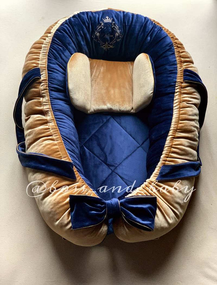 Royal Blue Velvet Baby Nest for Newborn Boys - Customizable with Removable Mattress
