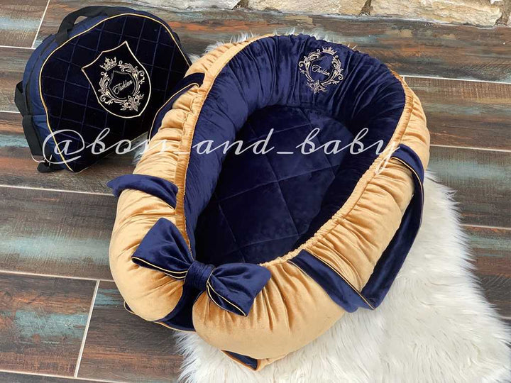 Royal Blue Velvet Baby Nest for Newborn Boys - Customizable with Removable Mattress