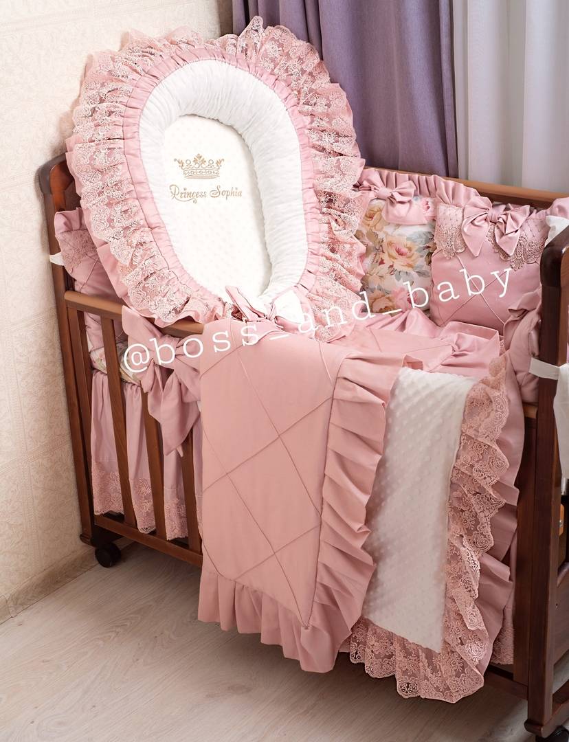 Customizable Luxury Baby Girl Crib Bedding Set – Pink Crib Bedding with Personalized Embroidery and Canopy