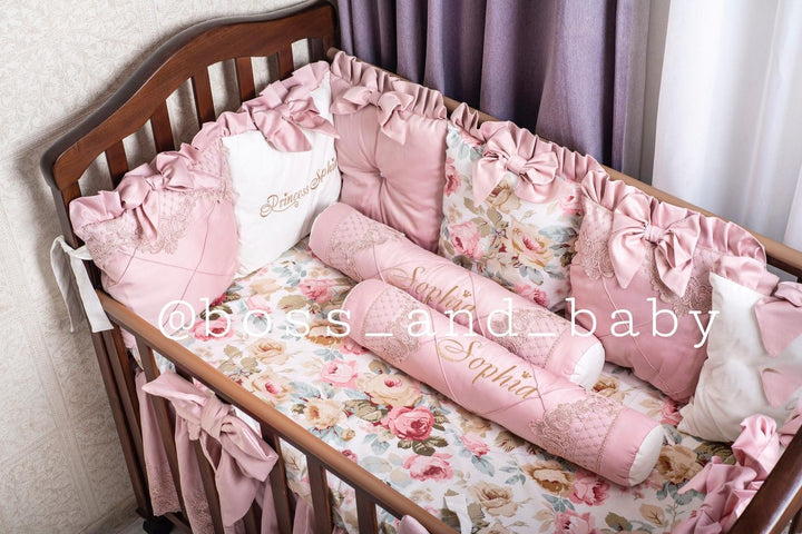 Customizable Luxury Baby Girl Crib Bedding Set – Pink Crib Bedding with Personalized Embroidery and Canopy