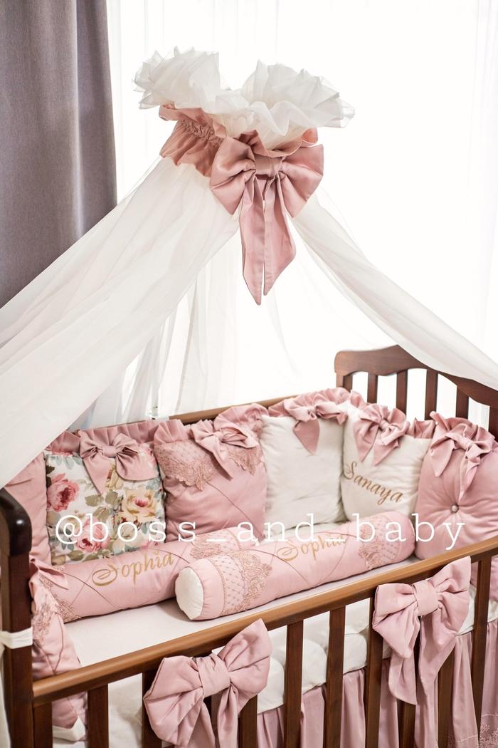 Customizable Luxury Baby Girl Crib Bedding Set – Pink Crib Bedding with Personalized Embroidery and Canopy