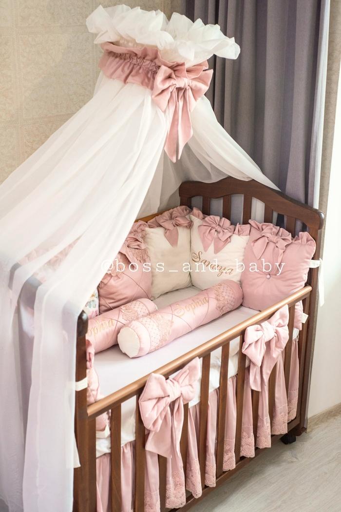 Customizable Luxury Baby Girl Crib Bedding Set – Pink Crib Bedding with Personalized Embroidery and Canopy