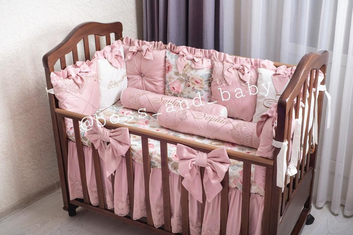 Customizable Luxury Baby Girl Crib Bedding Set – Pink Crib Bedding with Personalized Embroidery and Canopy